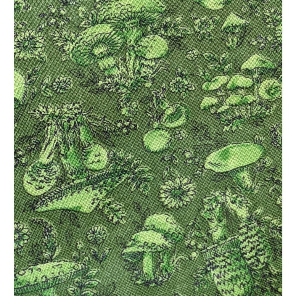 Vintage 1970's Mushroom Fabric Avocado Green Cottagecore Funky Calico Print 3yd - Picture 6 of 10